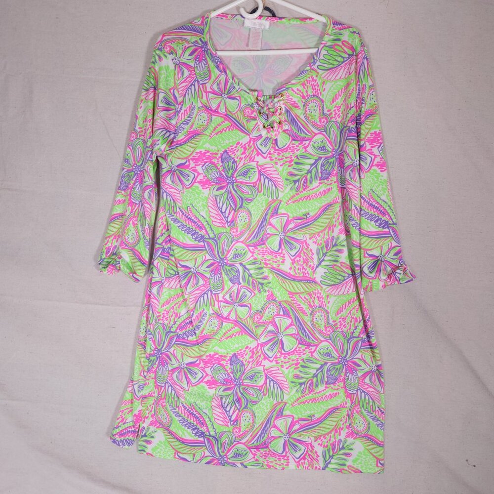 Stella Parker Womens Tropical Floral Lace-Up Dress L Pink Green Resortcore